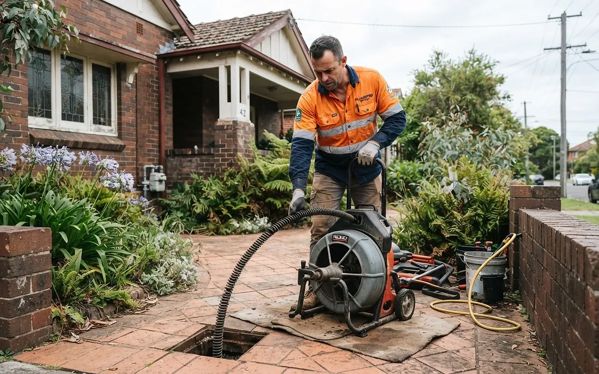 Plumber clearing a blocked drain with an electric eel on a suburban driveway