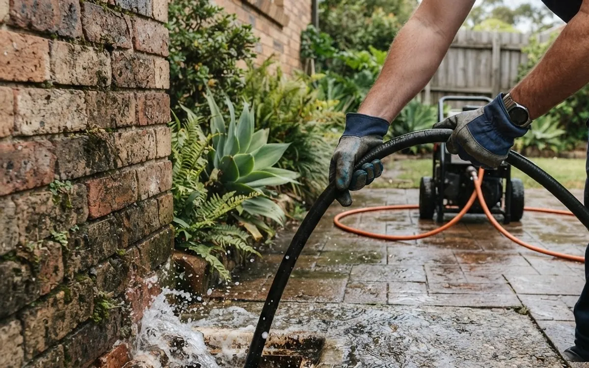 High-pressure water jetter hose feeding into a drain on a Sydney driveway