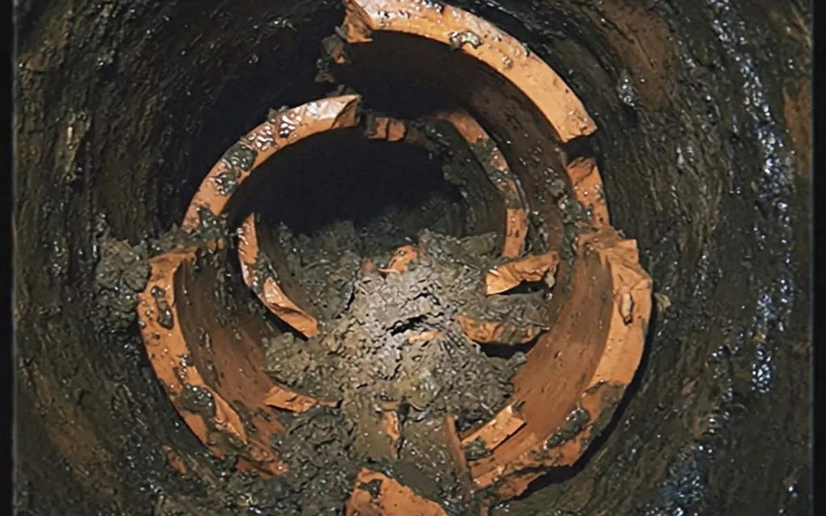 Collapsed section of clay sewer pipe with broken shards blocking the line