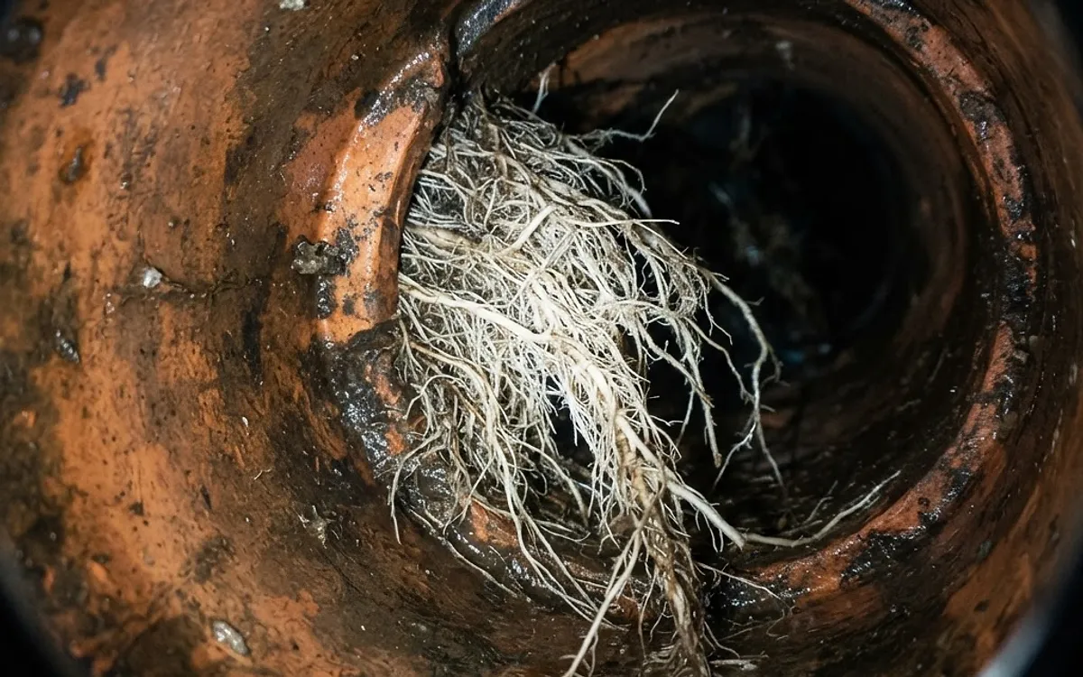 Tree roots growing through a cracked clay sewer pipe, seen on a CCTV drain camera