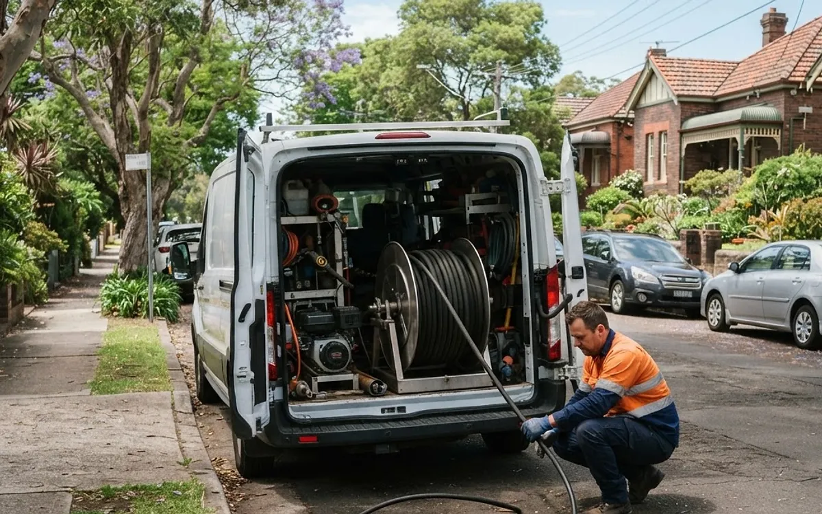 Unblocked Drains Sydney van with a jetter reel parked on a suburban street