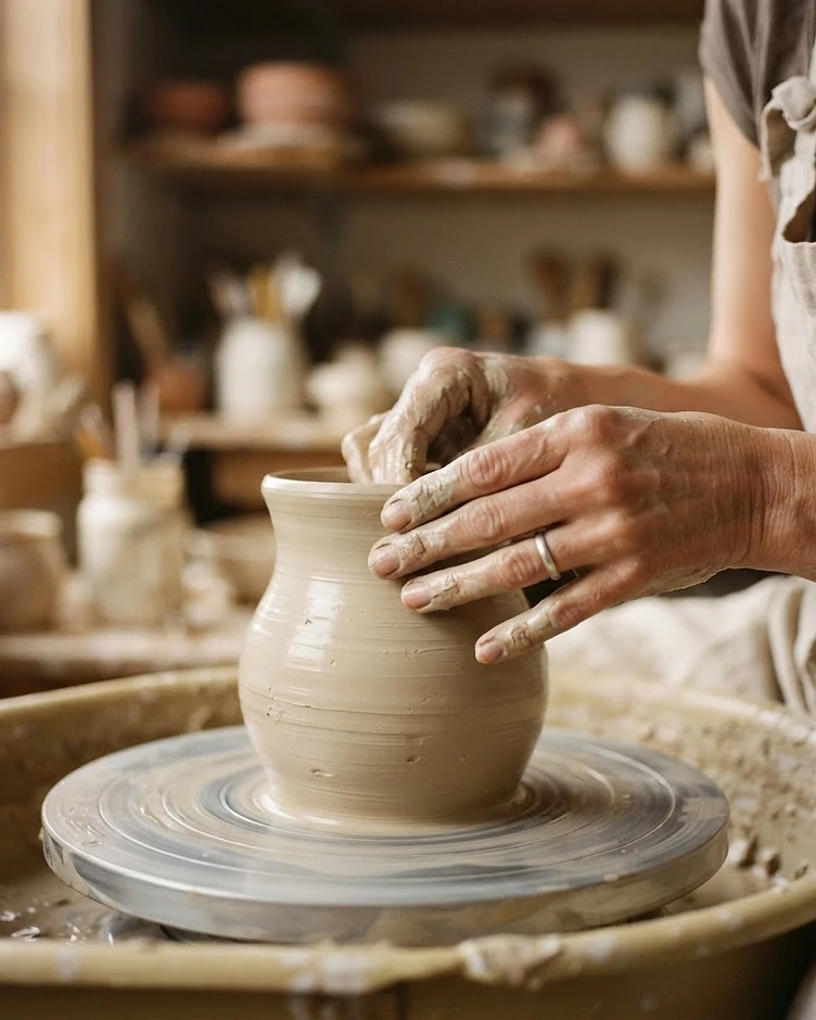A potter's hands shaping clay on the wheel — the HomeofTan craft