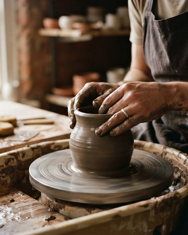 Hands shaping clay on a wheel