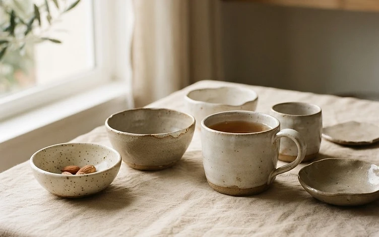 Handmade ceramics on warm linen