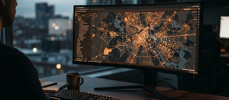 GIS-Arbeitsplatz mit Kartenansicht und Layer-Struktur