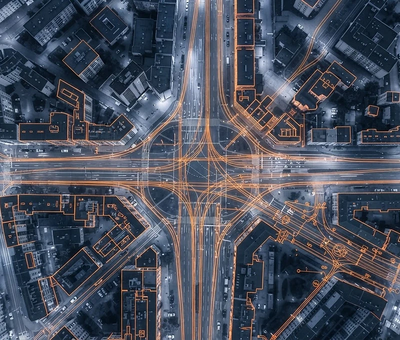 LiDAR-Scan einer europäischen Stadt mit GIS-Datenlayern