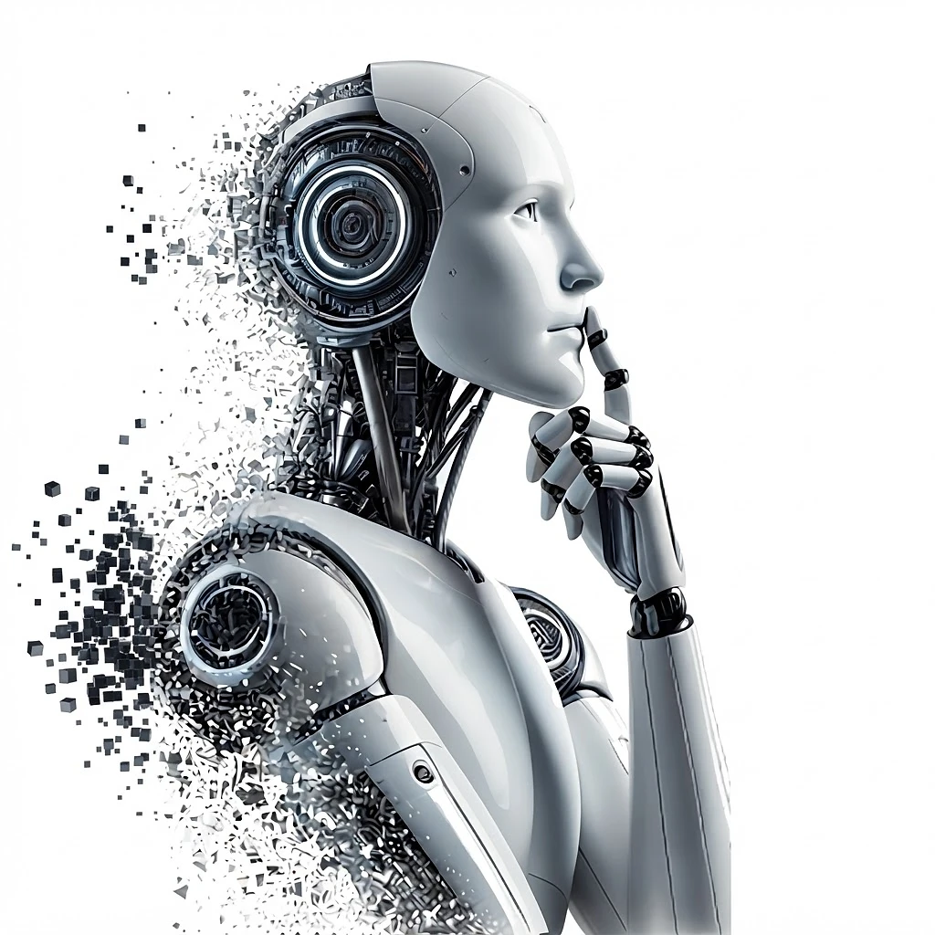 Nachdenklicher humanoider Roboter als Symbol für KI-gestützte Abwägung
