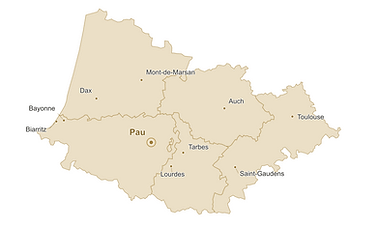 Carte des zones d'intervention de l'agence de Pau : Pyrénées-Atlantiques, Landes, Hautes-Pyrénées, Gers et Haute-Garonne.