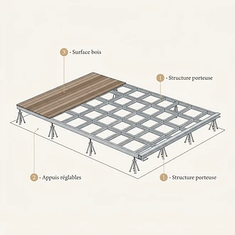 Schéma de principe d'un plancher La Toile Nomade : structure porteuse, appuis réglables et surface bois