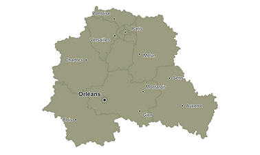 Carte des zones d'intervention de l'agence d'Orléans : Loiret, Loir-et-Cher, Eure-et-Loir, Yonne et l'ensemble de l'Île-de-France, Paris inclus.