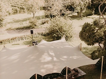 Tente stretch beige dressée pour une réception, tablée en U et guirlandes lumineuses sous la toile