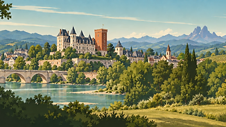 Vue panoramique de Pau et de son château surplombant la vallée