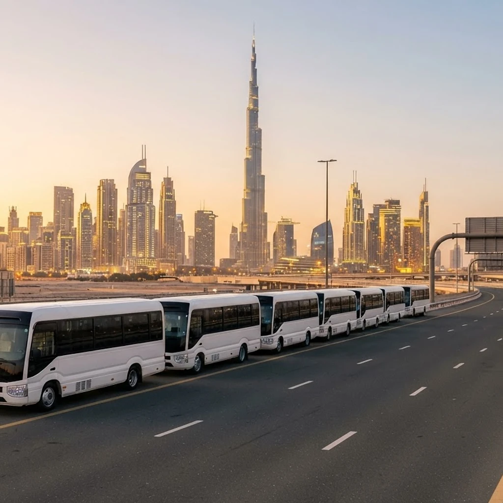 Line of white Hoorain staff transport buses