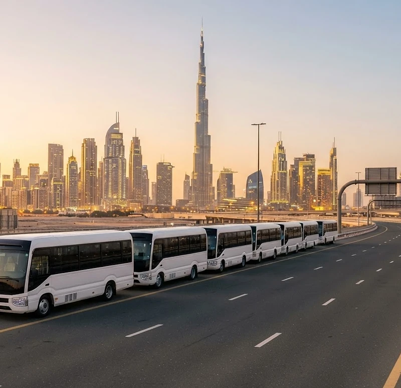 Staff transportation buses in Dubai at golden hour