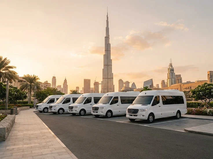 Hoorain Transport staff buses in front of Burj Khalifa Dubai