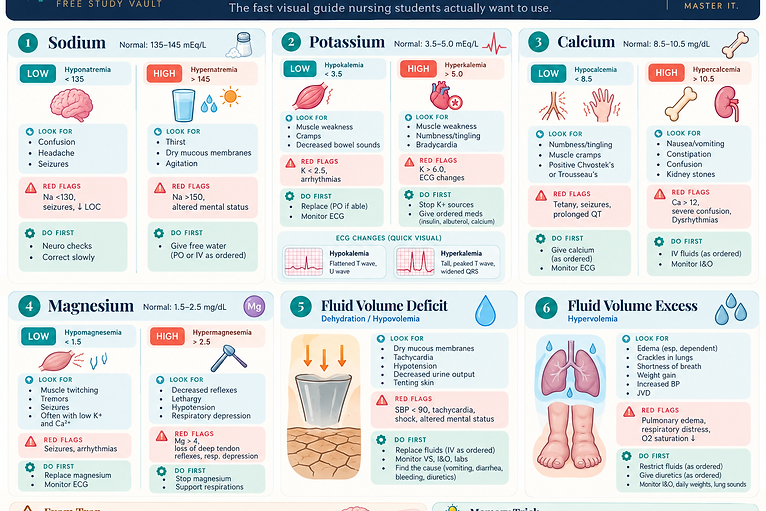 Fluid & Electrolytes Made Easy — illustrated nursing study sheet
