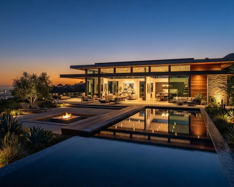 Contemporary Southern California home at dusk
