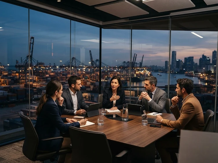 Business meeting overlooking international port