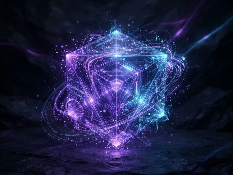Abstract particles organizing into a violet-lit crystal cube