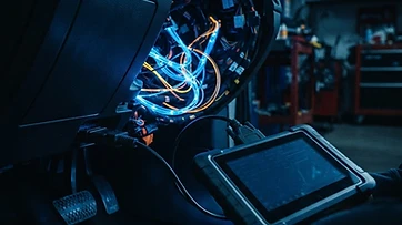 Професионален автомобилен скенер, свързан към OBD диагностичната букса на фона на CAN шина и светещи линии Automotive Ethernet.