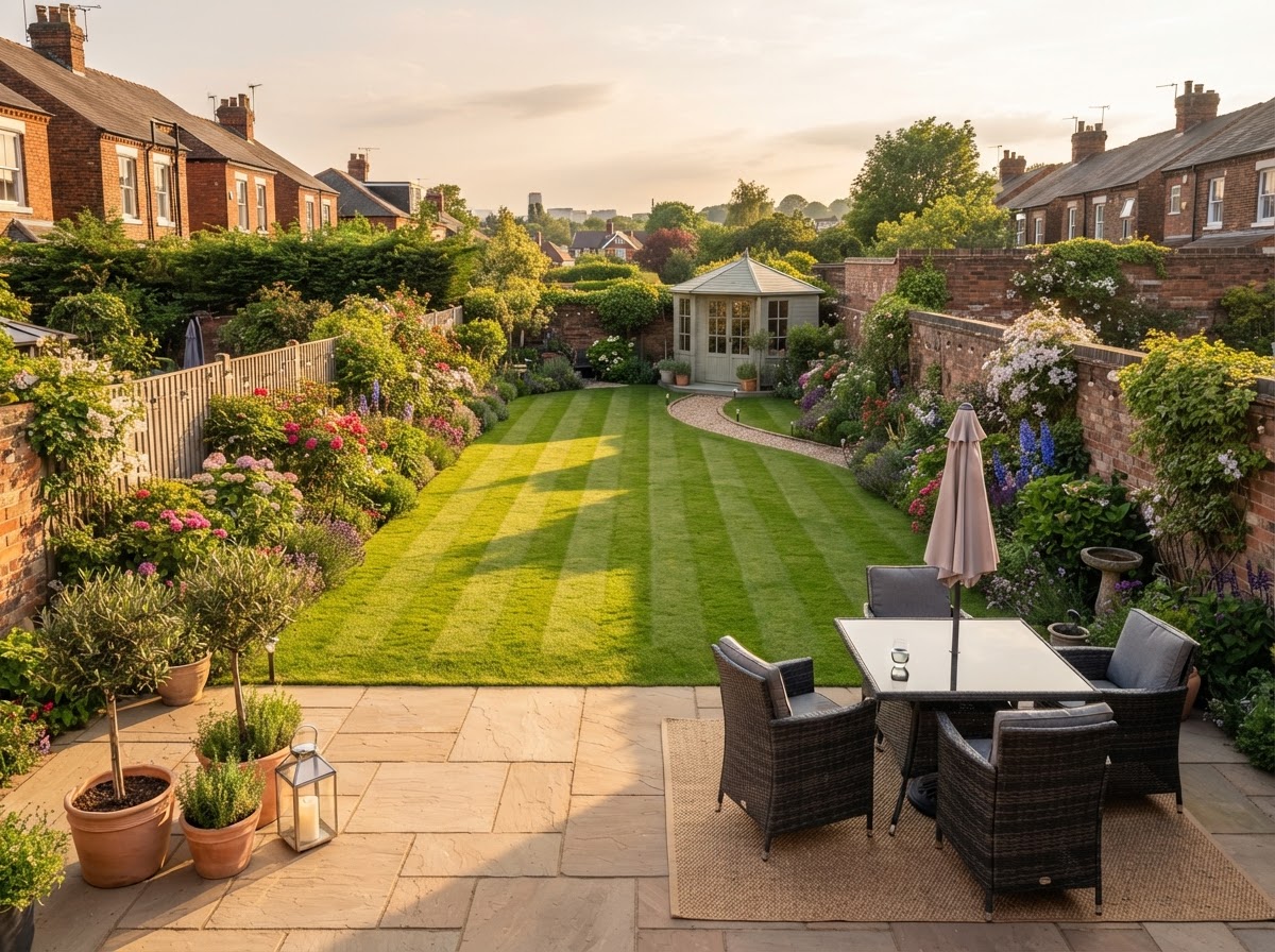 Finished residential garden with neat lawn and colourful borders