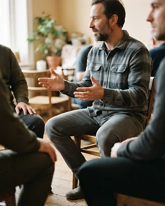 A small men's therapy circle shot from within, focus resting on one man's open hands mid-gesture, other participants cropped and softly out of focus.
