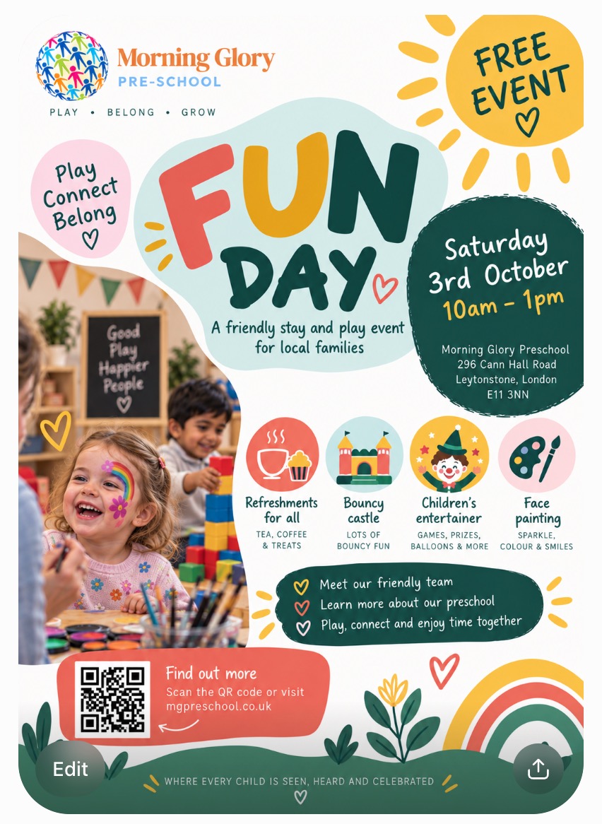 Family Fun Day poster for Morning Glory Pre-School: a free event on Saturday 3 October, 10am to 1pm, with refreshments, a bouncy castle, a children's entertainer and face painting