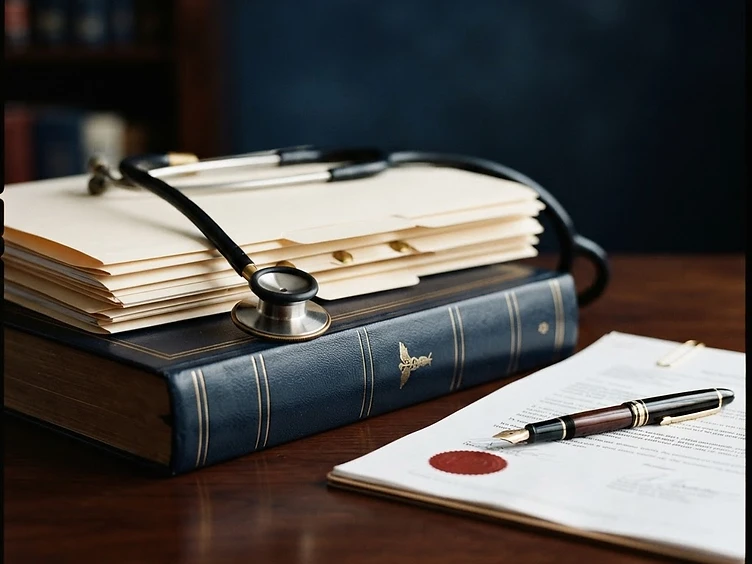 Stethoscope draped over legal case files and a law book