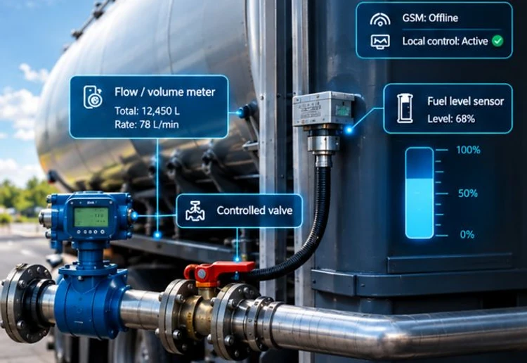 Tanker valves, flow meter and fuel level sensor under live telemetry monitoring