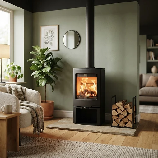 Eco-design wood burning stove with lit flame