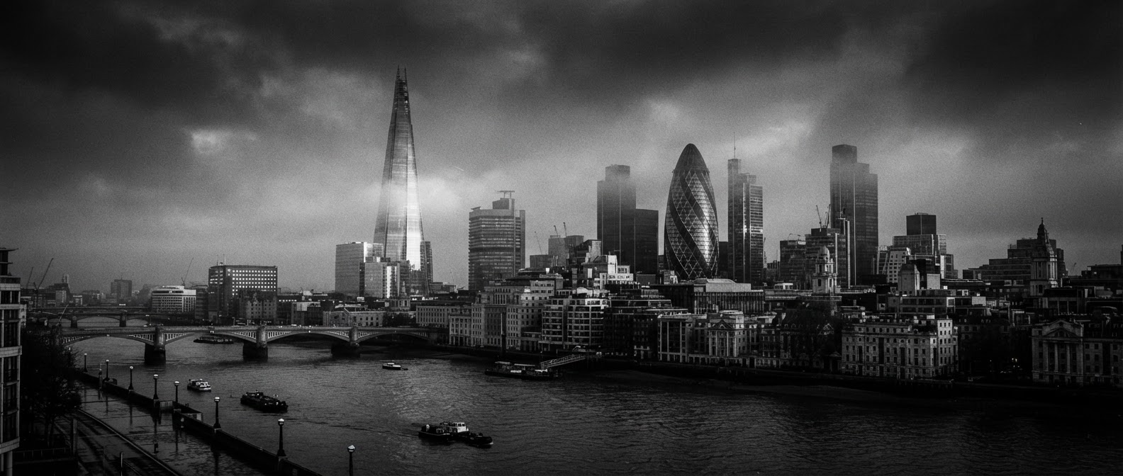 London Financial District skyline at dawn, black and white
