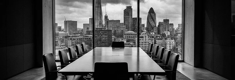 Modern corporate boardroom interior, black and white