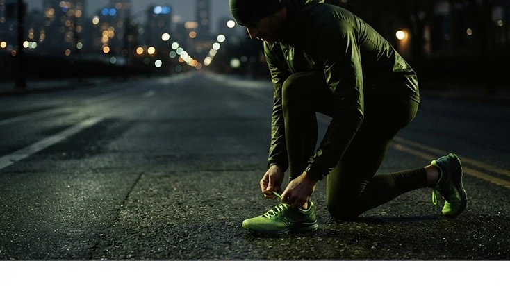 Corredor amarrando o tênis em uma rua escura às 5 da manhã com luzes da cidade ao fundo