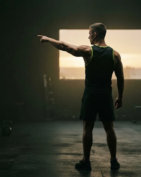 Atleta apontando para frente em um ambiente escuro com luz verde-lime, representando decisão e consistência