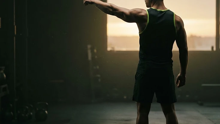 Atleta apontando para frente com luz verde-lime
