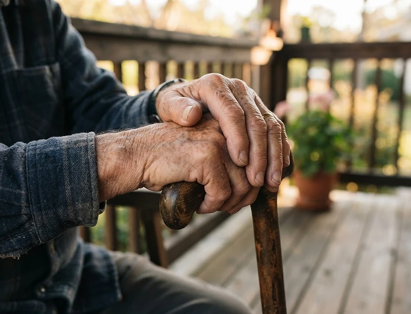 A veteran's hands resting on a cane in soft daylight