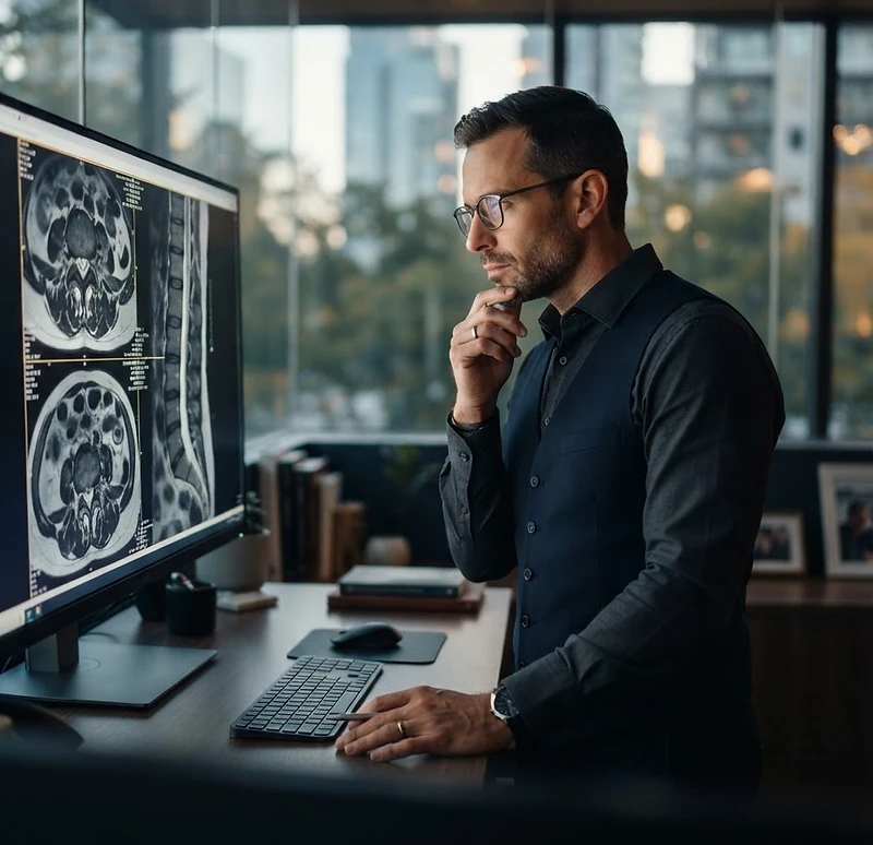 A physician reviewing a spinal scan in a modern office