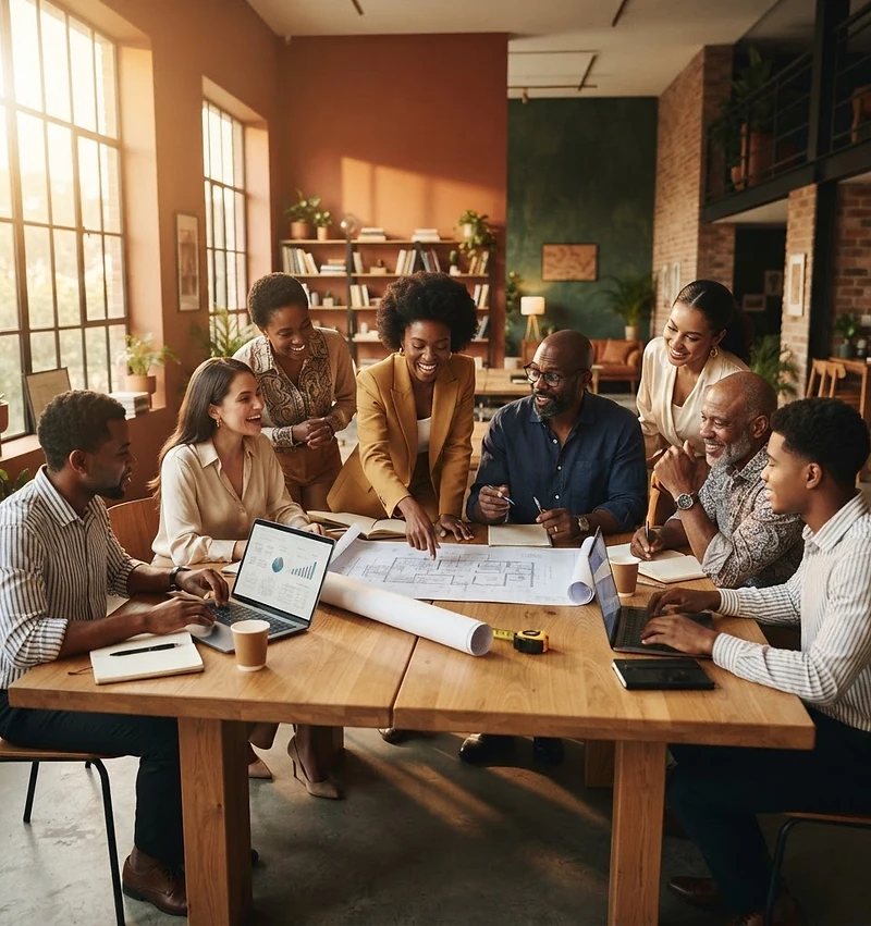 Builders, professionals, and entrepreneurs collaborating in warm golden light