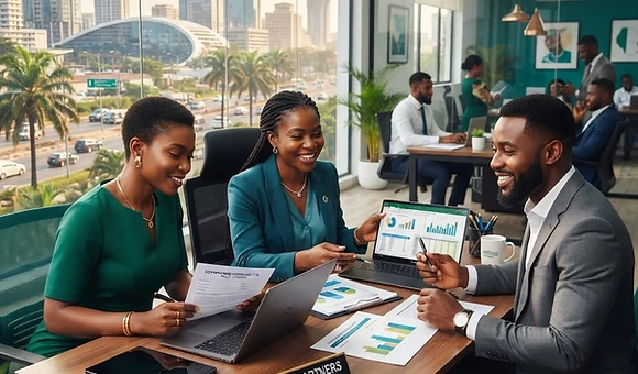 Nigerian insurance professionals at work in a modern Lagos brokerage office