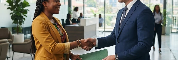 A Nigerian broker handing a policy certificate to a client