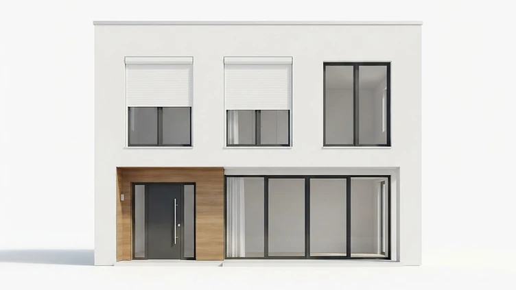 Modernes Haus mit neuen Fenstern, Rollläden und Türen