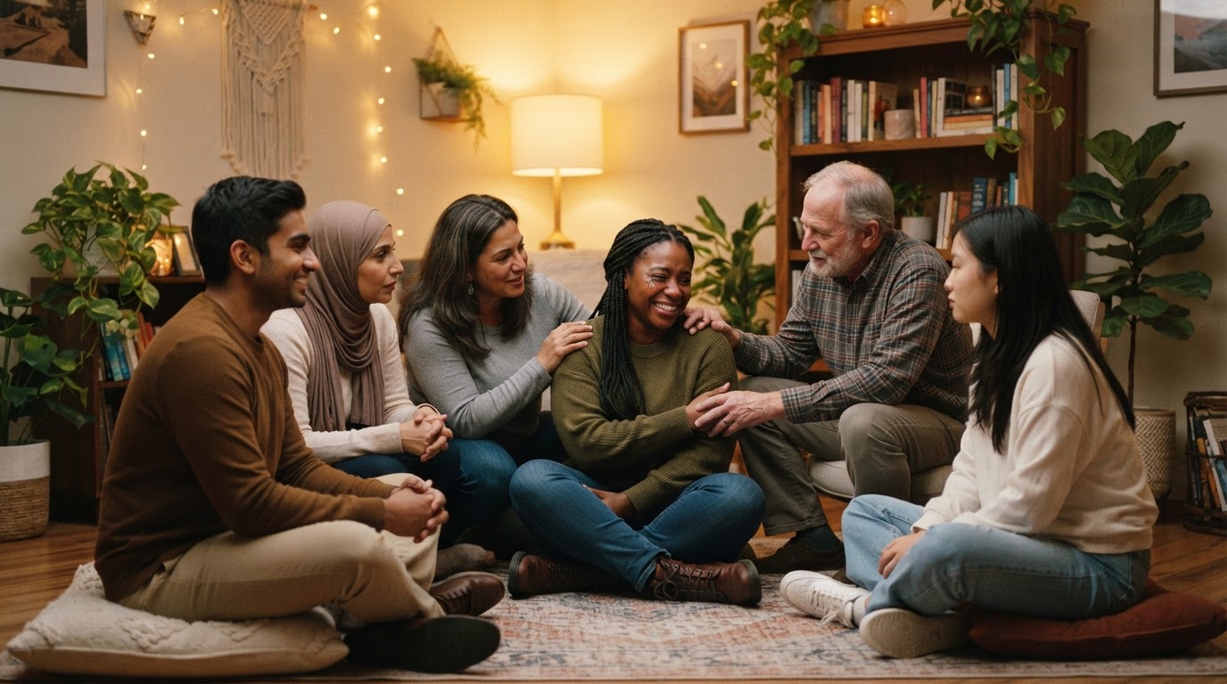 Diverse group of people in a warm circle of support during a recovery session