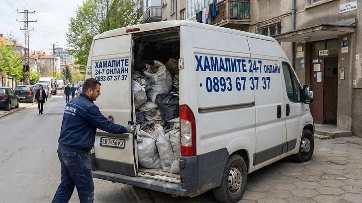 Товарене на строителни отпадъци в бус в София