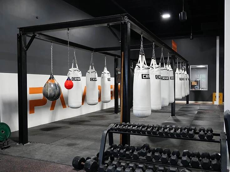Paradigm® striking rig with heavy bags and dumbbell rack