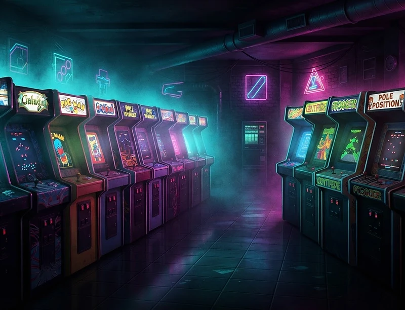 Salão de fliperamas com luzes neon