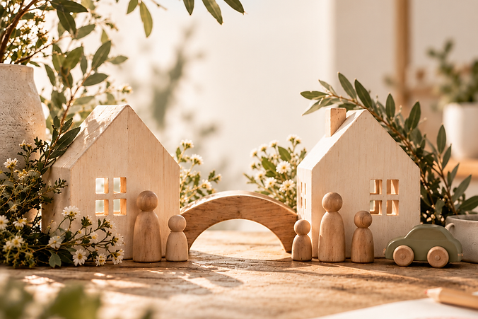 Two wooden houses joined by a small bridge, with wooden peg people and a child's rainbow drawing — warm, playful and neutral.