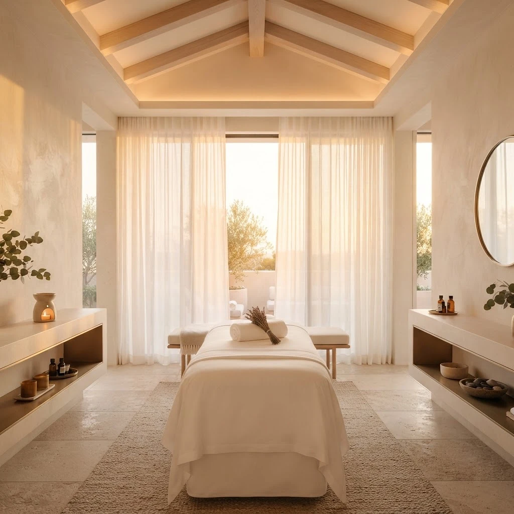 A minimalist luxury spa treatment room bathed in golden hour light