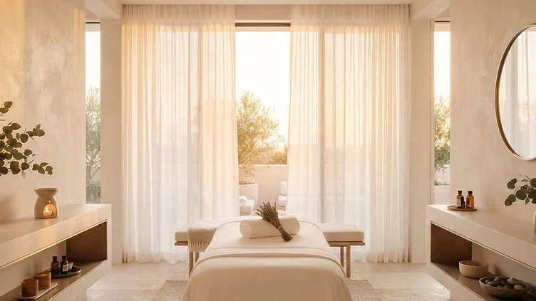 A serene luxury spa treatment room prepared for a Crystal Light Therapy session