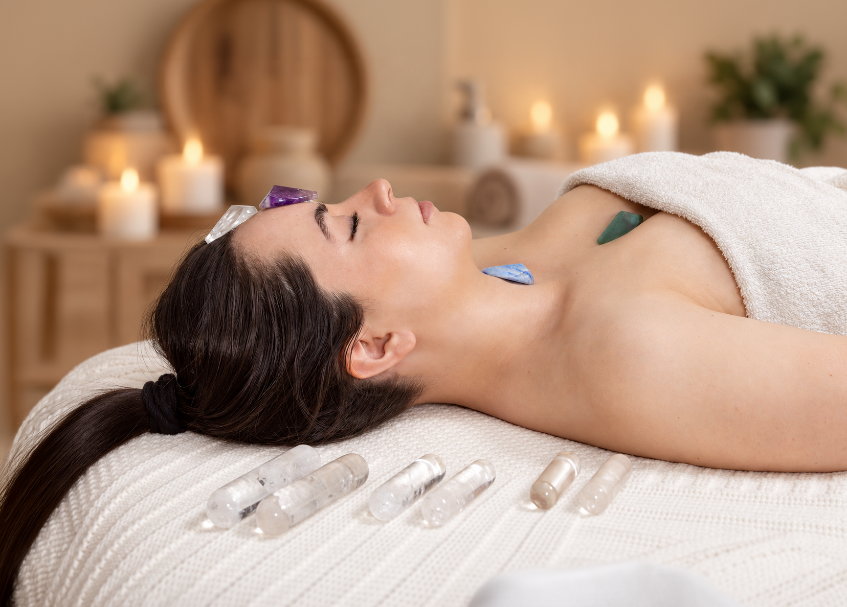 Crystal Light Therapy session with crystals placed along the body