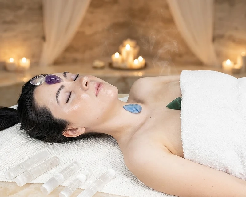 A woman resting on a luxury spa massage table with crystals placed on each chakra point